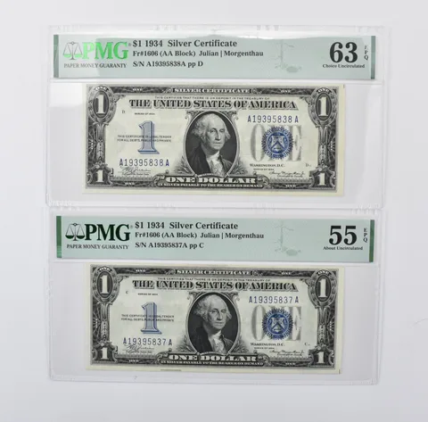 (2) 1934 $1 Silver Certificate Fr#1606 AU 55/CU 63 EPQ PMG Consecutive a7034