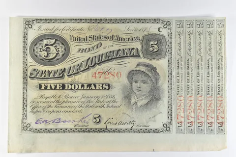 1870s Louisiana 5 Dollar Bond Obsolete Note *8215