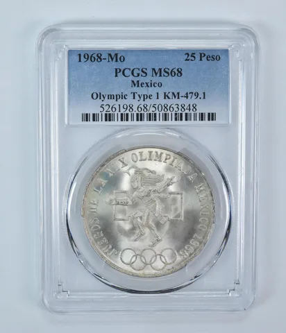 1968 Mo Mexico 25 Pesos Olympic Type 1 MS68 PCGS Blue Label