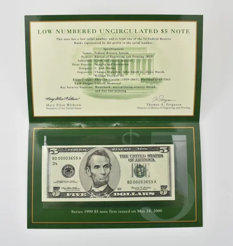 1999 $5 FRN D Bank Low Serial Number BEP a0387