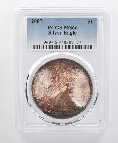 MS66 2007 American Silver Eagle PCGS Beautiful Red/Blue Toning a1220
