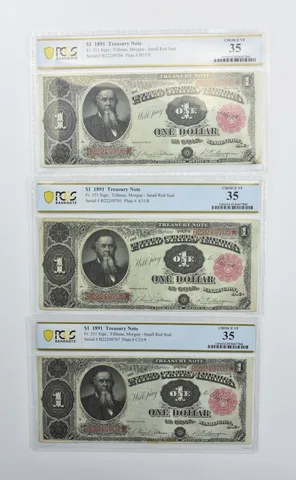 Lot (3) 1891 $1 Treasury Note Fr#351 Choice VF 35 PCGS Consecutive *4229
