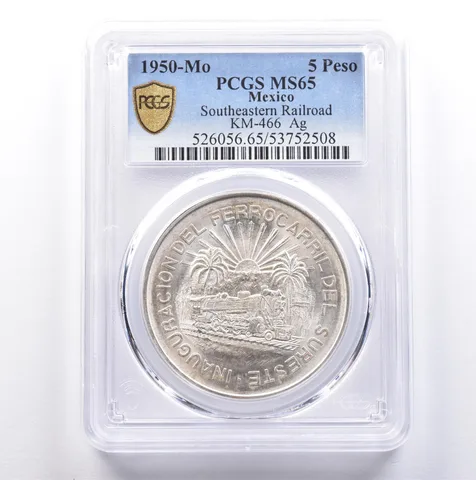 1950 Mo Mexico 5 Pesos Silver Southeastern Railroad KM-466 MS65 PCGS *9044