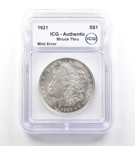 1921 Morgan Silver Dollar Mint Error Struck Thru Authentic ICG *7521