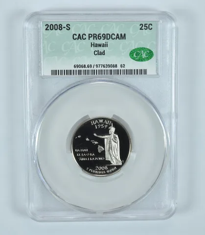 2008-S Washington State Quarter Hawaii CLAD PR69 DCAM CAC CACg