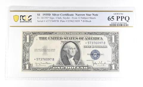 $1 1935 D Silver Certificate Narrow Star Note Fr#1613N* Unc 65 PPQ PCGS a4020
