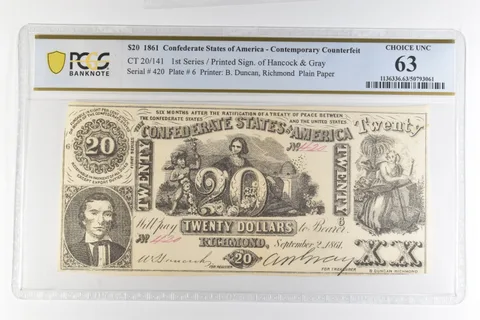 1861 $20 Confederate States Of America CT 20/141 Choice Unc 63 PCGS a4386