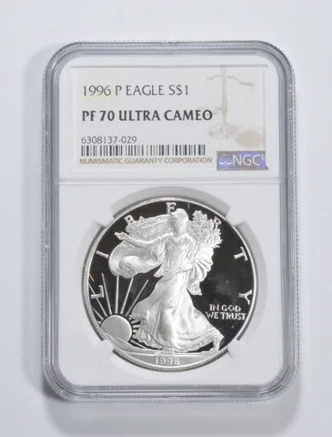 1996-P American Silver Eagle 1 Oz PF70 UCAM NGC Brown Label