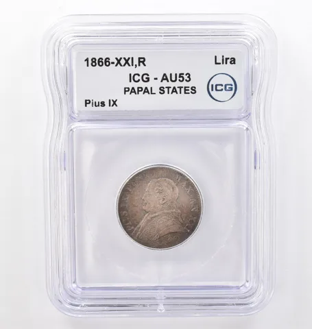 1866 XXI R Papal States Lira Pius IX AU53 ICG Beautiful Tone *0122
