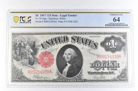 1917 $1 US Legal Tender Large Note Fr#39 Red Seal Choice Unc 64 PCGS *2360