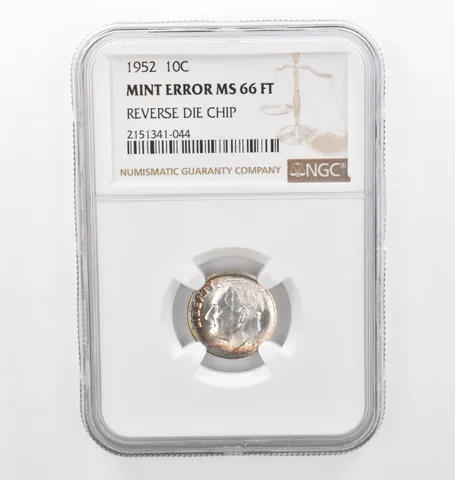 1952 Roosevelt Dime Mint Error Reverse Die Chip MS66 FT NGC Beautiful Tone *2193