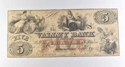 1856 $5 Hagerstown MD Valley Bank Obsolete Note *3836