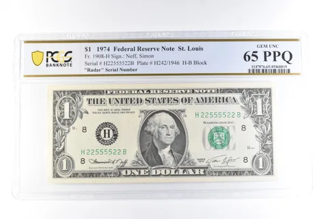 1974 $1 St Louis MO FRN Fr#1908-H Radar Serial Gem Unc 65 PPQ PCGS a6100