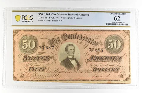 1864 $50 Confederate States Large Note T-66 PF-8 CR-499 Unc 62 PCGS *4200
