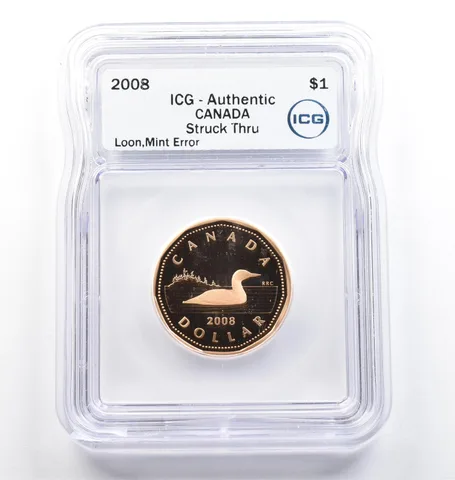 2008 Canada 1 Dollar Loon Mint Error Struck Thru Authentic ICG *9802