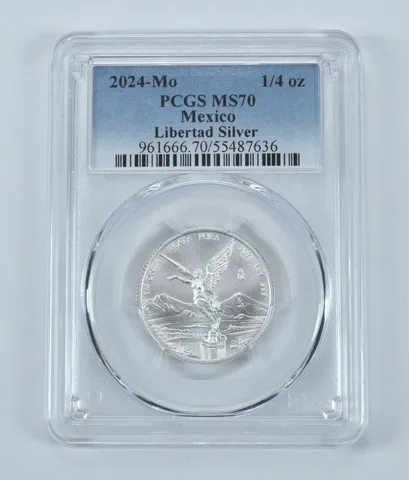 2024 Mo Mexico 1/4 Onza Silver Libertad MS70 PCGS Blue Label