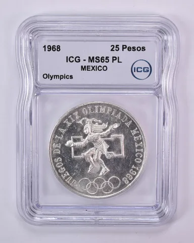 1968 Mexico 25 Pesos Silver Olympic MS65 PL ICG