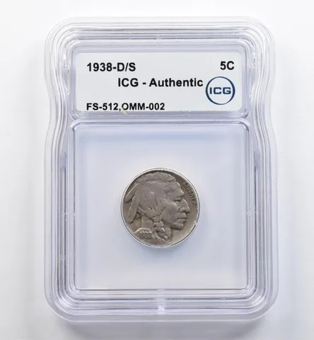1938-D/S Indian Head Buffalo Nickel FS-512 OMM-002 Authentic ICG *9042