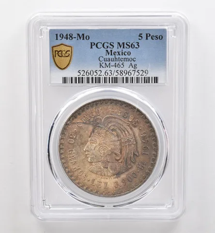 1948 Mo Mexico 5 Peso Silver Cuauhtemoc MS63 PCGS Beautiful Tone *9277