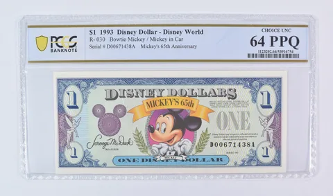 1993 $1 Disney Dollar Disney World Bowtie Mickey R-030 Choice Unc 64 PPQ PCGS
