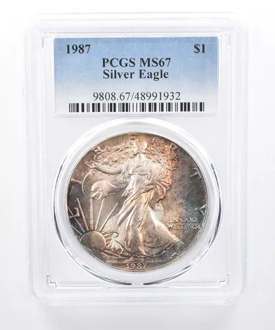 1987 American Silver Eagle MS67 PCGS Blue/Purple Tone *8464