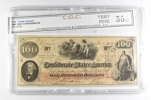 $100 1862 Confederate States Of America Note Triple Stamped *8291