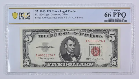 1963 $5 US Legal Tender Fr#1536 Gem Unc 66 PPQ PCGS