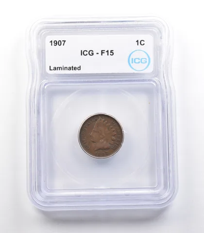 1907 Indian Head Cent Mint Error Laminated F15 ICG *2320