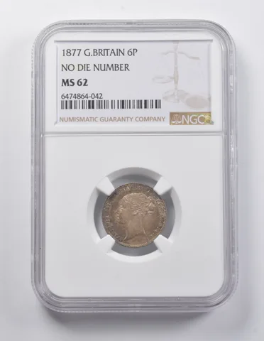 MS62 1877 Great Britain 6 Pence No Die Number NGC *7015