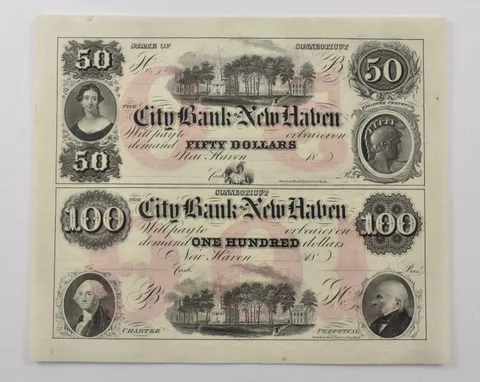 1800s $50/$100 New Haven Connecticut City Bank (2) Uncut Notes a1952