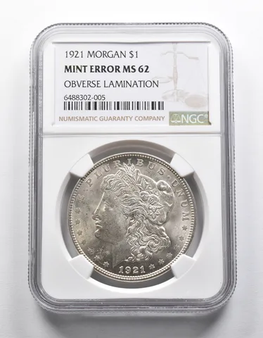 Mint Error MS62 1921 Morgan Silver Dollar OBV Lamination NGC a1970