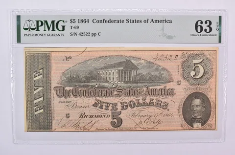1864 $5 Confederate States Of America T-69 Choice Unc 63 EPQ PMG