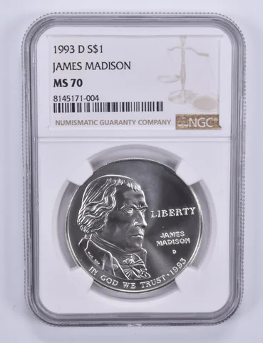 1993-D James Madison Commemorative Dollar MS70 NGC Brown Label