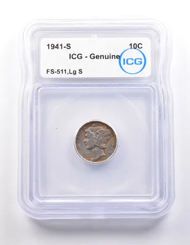 1941-S Mercury Dime FS-511 Large S Genuine ICG *9860