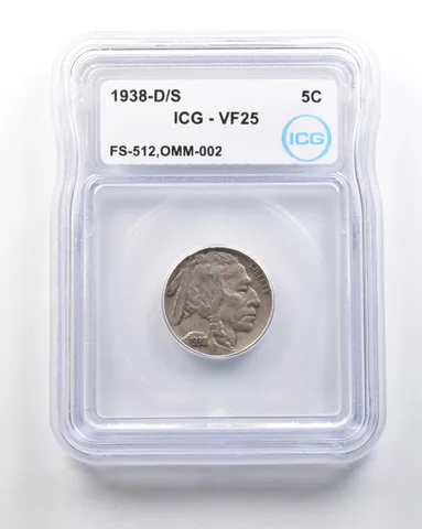 1938-D/S Indian Head Buffalo Nickel Mint Error FS-512 OMM-002 VF25 ICG *1694