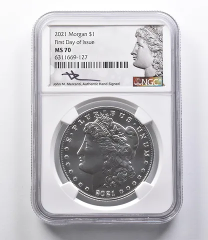 MS70 2021 Morgan Silver Dollar FDOI Mercanti Signed NGC a2708