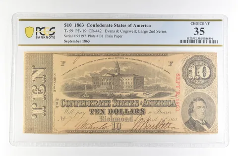 1863 $10 Confederate States Large Note T-59 PF-19 CR-442 Choice VF 35 PCGS *4166