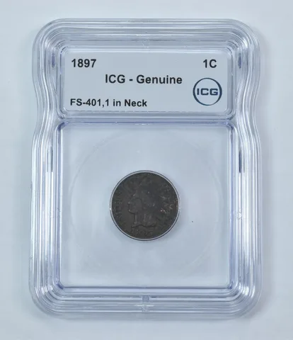 Error 1897 Indian Head Cent FS-401 1 In Neck Genuine ICG *9247