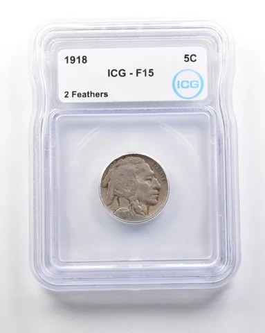 1918 Indian Head Buffalo Nickel 2 Feathers F15 ICG a1716