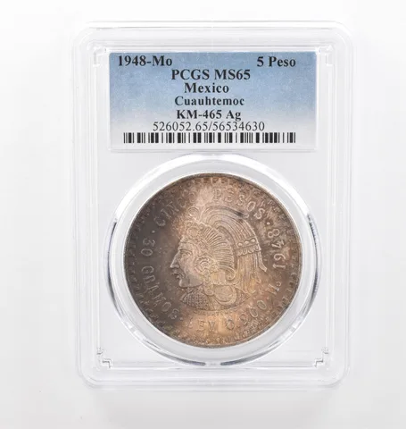 1948 Mo Mexico 5 Pesos Silver Cuauhtemoc KM-465 MS65 PCGS Beautiful Tone *2118
