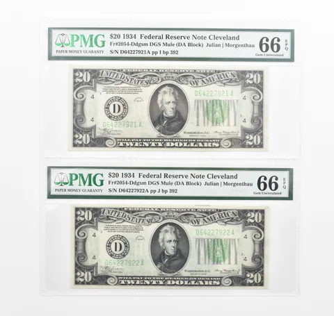 Lot (2) PMG 66 EPQ 1934 $20 FRN Consecutive Notes Fr#2054-Ddgsm *1151