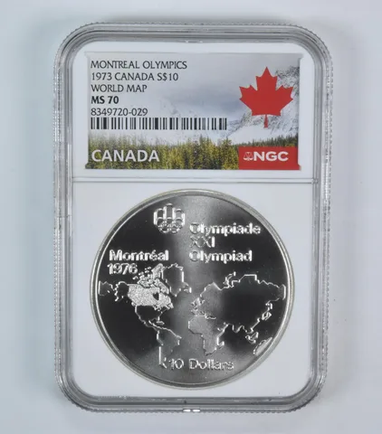 1973 Canada 10 Dollars Silver Olympic World Map MS70 NGC Canada Lbl