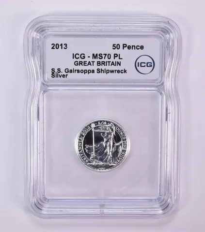 2013 Great Britain 50 Pence Silver SS Gairsoppa Shipwreck 1/4 Oz MS70 PL ICG