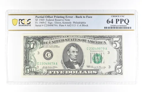 1969 $5 64 FRN Partial Offset Print Error Back To Face Fr#1969-C PPQ PCGS *5832