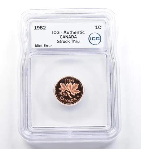 1982 Canada 1 Cent Mint Error Struck Thru Authentic ICG *9800