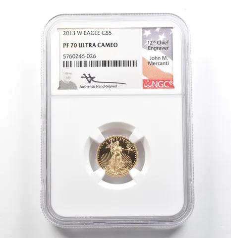 2013-W $5 American Gold Eagle Mercanti 1/10 Oz PF70 UCAM NGC a0099