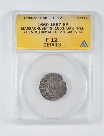 F12 Details 1662 Massachusetts 6 Pence - Oak Tree - Graded ANACS a2017