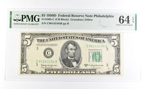 PMG 64 CH Unc EPQ 1950 D $5 Philadelphia, PA US FRN Green Seal Fr#1965-C *1018