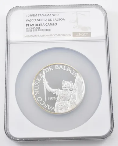 1979 FM Panama 20 Balboas Silver Vasco Nunez De Balboa PF69 UCam NGC Brown Lbl
