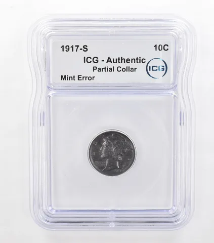 1917-S Mercury Dime Mint Error Partial Collar Authentic ICG Beautiful Tone *3676